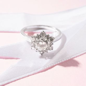 1 Carat Floral Halo Diamond Engagement Ring in 14k White Gold.  Fantastic Deal For A Beautiful On-Trend Ring!