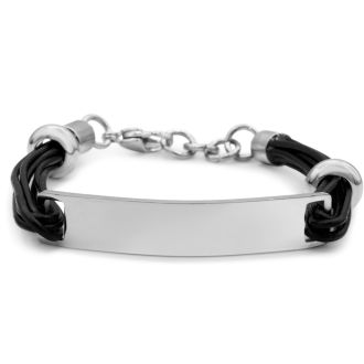 Mens Stainless Steel and Leather ID Bracelet,