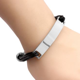 Mens Stainless Steel and Leather ID Bracelet,