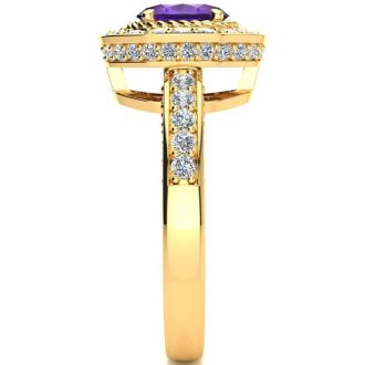 1 1/2 Carat Oval Shape Amethyst and Halo Diamond Ring In 14 Karat Yellow Gold