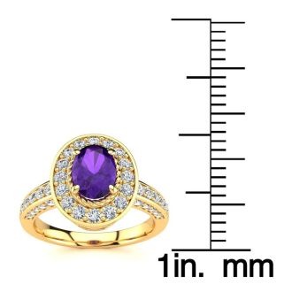1 1/2 Carat Oval Shape Amethyst and Halo Diamond Ring In 14 Karat Yellow Gold