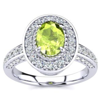 1 1/2 Carat Oval Shape Peridot and Halo Diamond Ring In 14 Karat White Gold