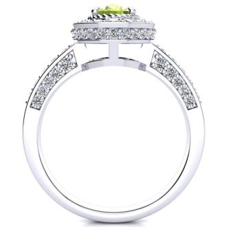 1 1/2 Carat Oval Shape Peridot and Halo Diamond Ring In 14 Karat White Gold