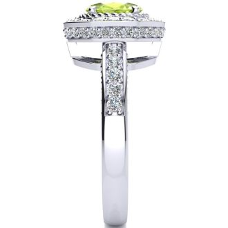 1 1/2 Carat Oval Shape Peridot and Halo Diamond Ring In 14 Karat White Gold