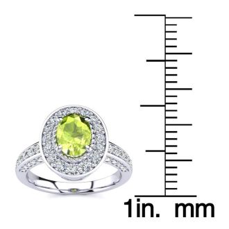 1 1/2 Carat Oval Shape Peridot and Halo Diamond Ring In 14 Karat White Gold