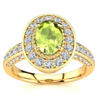 1 1/2 Carat Oval Shape Peridot and Halo Diamond Ring In 14 Karat Yellow Gold