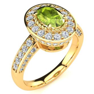 1 1/2 Carat Oval Shape Peridot and Halo Diamond Ring In 14 Karat Yellow Gold