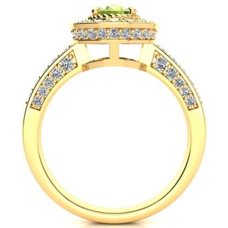 1 1/2 Carat Oval Shape Peridot and Halo Diamond Ring In 14 Karat Yellow Gold