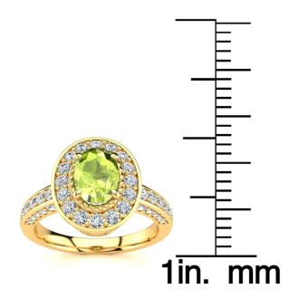 1 1/2 Carat Oval Shape Peridot and Halo Diamond Ring In 14 Karat Yellow Gold
