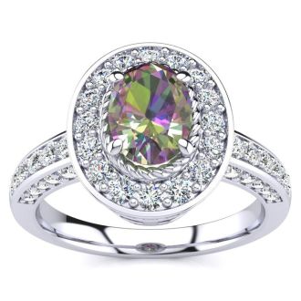 1-1/2 Carat Oval Shape Mystic Topaz Ring With Diamond Halo In 14 Karat White Gold