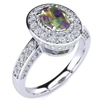 1-1/2 Carat Oval Shape Mystic Topaz Ring With Diamond Halo In 14 Karat White Gold