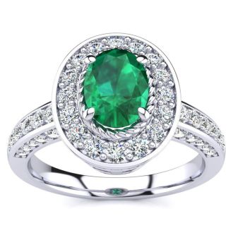 1 1/2 Carat Oval Shape Emerald and Halo Diamond Ring In 14 Karat White Gold