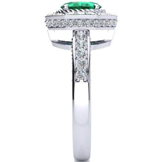 1 1/2 Carat Oval Shape Emerald and Halo Diamond Ring In 14 Karat White Gold