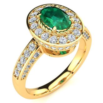 1 1/2 Carat Oval Shape Emerald and Halo Diamond Ring In 14 Karat Yellow Gold