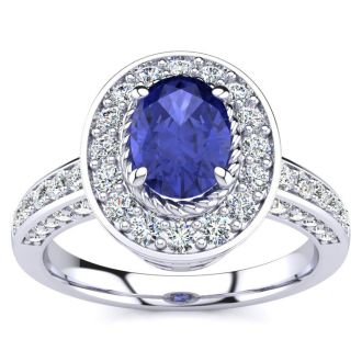 1 1/2 Carat Oval Shape Tanzanite and Halo Diamond Ring In 14 Karat White Gold