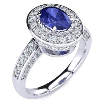 1 1/2 Carat Oval Shape Tanzanite and Halo Diamond Ring In 14 Karat White Gold