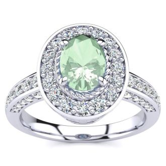 1 1/2 Carat Oval Shape Green Amethyst and Halo Diamond Ring In 14 Karat White Gold