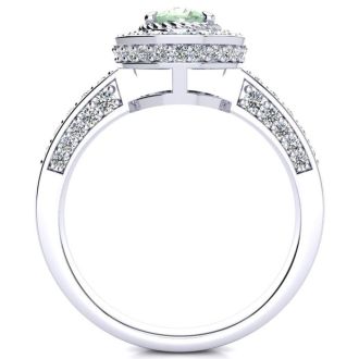 1 1/2 Carat Oval Shape Green Amethyst and Halo Diamond Ring In 14 Karat White Gold