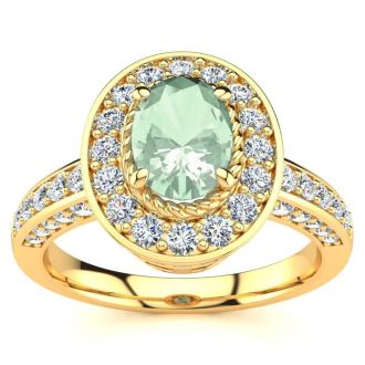1 1/2 Carat Oval Shape Green Amethyst and Halo Diamond Ring In 14 Karat Yellow Gold