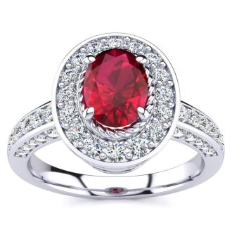 1 1/2 Carat Oval Shape Ruby and Halo Diamond Ring In 14 Karat White Gold