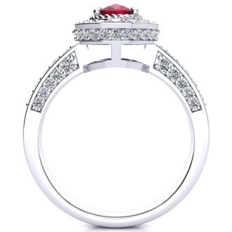 1 1/2 Carat Oval Shape Ruby and Halo Diamond Ring In 14 Karat White Gold