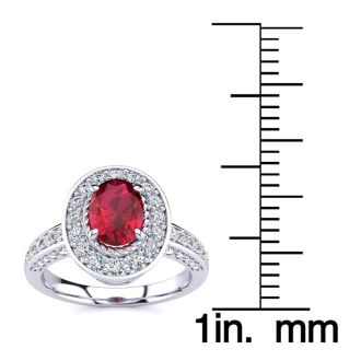 1 1/2 Carat Oval Shape Ruby and Halo Diamond Ring In 14 Karat White Gold