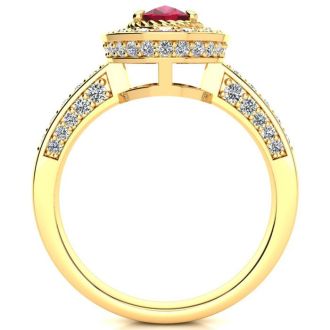 1 1/2 Carat Oval Shape Ruby and Halo Diamond Ring In 14 Karat Yellow Gold