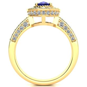 1 2/3 Carat Oval Shape Sapphire and Halo Diamond Ring In 14 Karat Yellow Gold