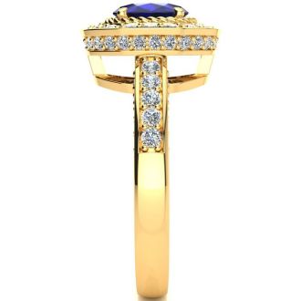 1 2/3 Carat Oval Shape Sapphire and Halo Diamond Ring In 14 Karat Yellow Gold