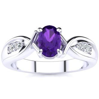 3/4 Carat Oval Shape Amethyst and Four Diamond Ring In 10 Karat White Gold