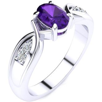3/4 Carat Oval Shape Amethyst and Four Diamond Ring In 10 Karat White Gold