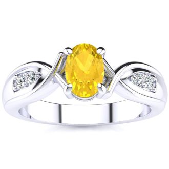 1 Carat Oval Shape Citrine and Four Diamond Ring In 10 Karat White Gold