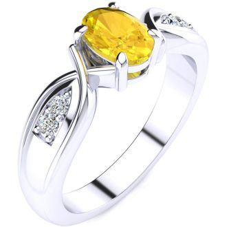 1 Carat Oval Shape Citrine and Four Diamond Ring In 10 Karat White Gold