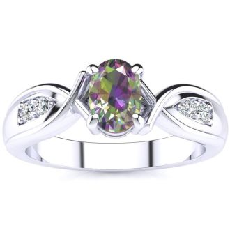 3/4 Carat Oval Shape Mystic Topaz Ring With Four Diamonds In 10 Karat White Gold