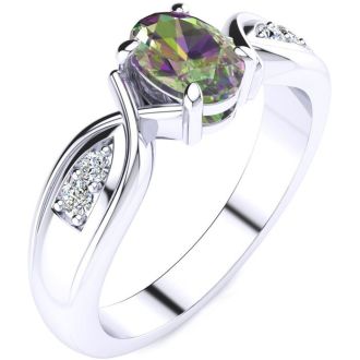 3/4 Carat Oval Shape Mystic Topaz Ring With Four Diamonds In 10 Karat White Gold