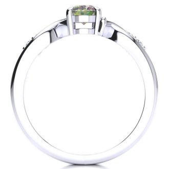 3/4 Carat Oval Shape Mystic Topaz Ring With Four Diamonds In 10 Karat White Gold