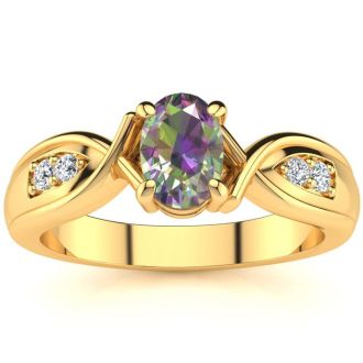 3/4 Carat Oval Shape Mystic Topaz Ring With Four Diamonds In 10 Karat Yellow Gold