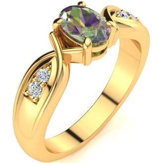 3/4 Carat Oval Shape Mystic Topaz Ring With Four Diamonds In 10 Karat Yellow Gold