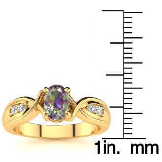 3/4 Carat Oval Shape Mystic Topaz Ring With Four Diamonds In 10 Karat Yellow Gold