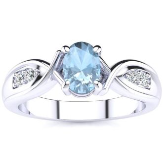 Aquamarine Ring: Aquamarine Jewelry: 1 Carat Oval Shape Aquamarine and Four Diamond Ring In 10 Karat White Gold
