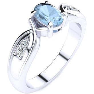 Aquamarine Ring: Aquamarine Jewelry: 1 Carat Oval Shape Aquamarine and Four Diamond Ring In 10 Karat White Gold