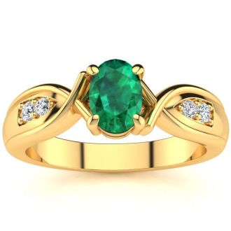 1 Carat Oval Shape Emerald and Four Diamond Ring In 10 Karat Yellow Gold