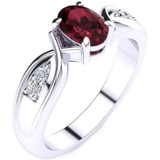 Garnet Ring: Garnet Jewelry: 1 Carat Oval Shape Garnet and Four Diamond Ring In 10 Karat White Gold