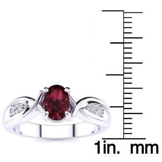 Garnet Ring: Garnet Jewelry: 1 Carat Oval Shape Garnet and Four Diamond Ring In 10 Karat White Gold