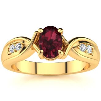 Garnet Ring: Garnet Jewelry: 1 Carat Oval Shape Garnet and Four Diamond Ring In 10 Karat Yellow Gold