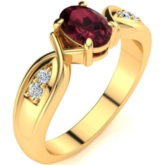 Garnet Ring: Garnet Jewelry: 1 Carat Oval Shape Garnet and Four Diamond Ring In 10 Karat Yellow Gold