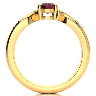 Garnet Ring: Garnet Jewelry: 1 Carat Oval Shape Garnet and Four Diamond Ring In 10 Karat Yellow Gold