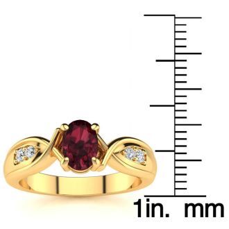 Garnet Ring: Garnet Jewelry: 1 Carat Oval Shape Garnet and Four Diamond Ring In 10 Karat Yellow Gold