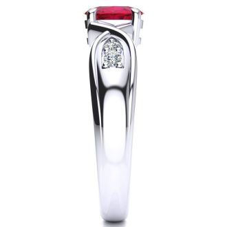 1 Carat Oval Shape Ruby and Four Diamond Ring In 10 Karat White Gold