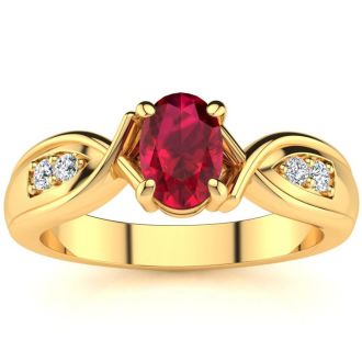 1 Carat Oval Shape Ruby and Four Diamond Ring In 10 Karat Yellow Gold